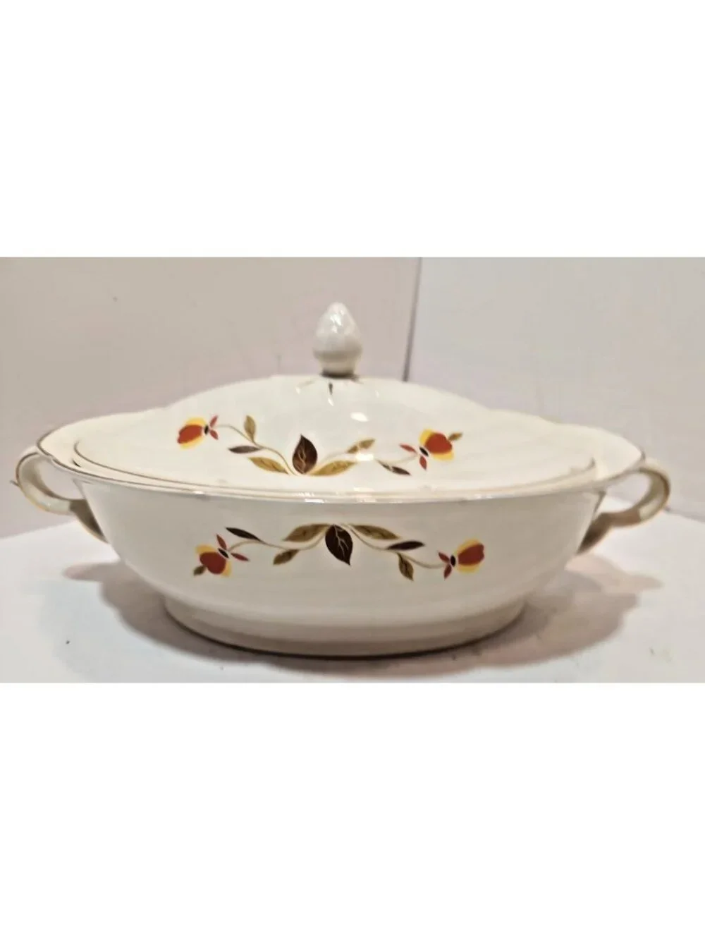 Vintage Hall Autumn Leaf Oval Ruffled D Vegetable Dish w/Lid MCM Mary Dunbar